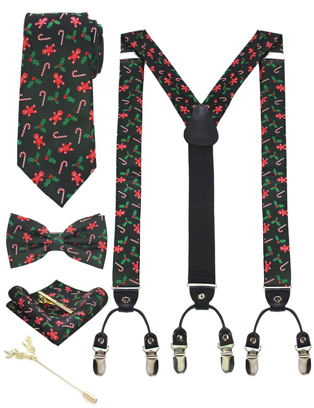 3193 Festival Silk Black Necktie Christmas Tie and Suspender Tie Clip